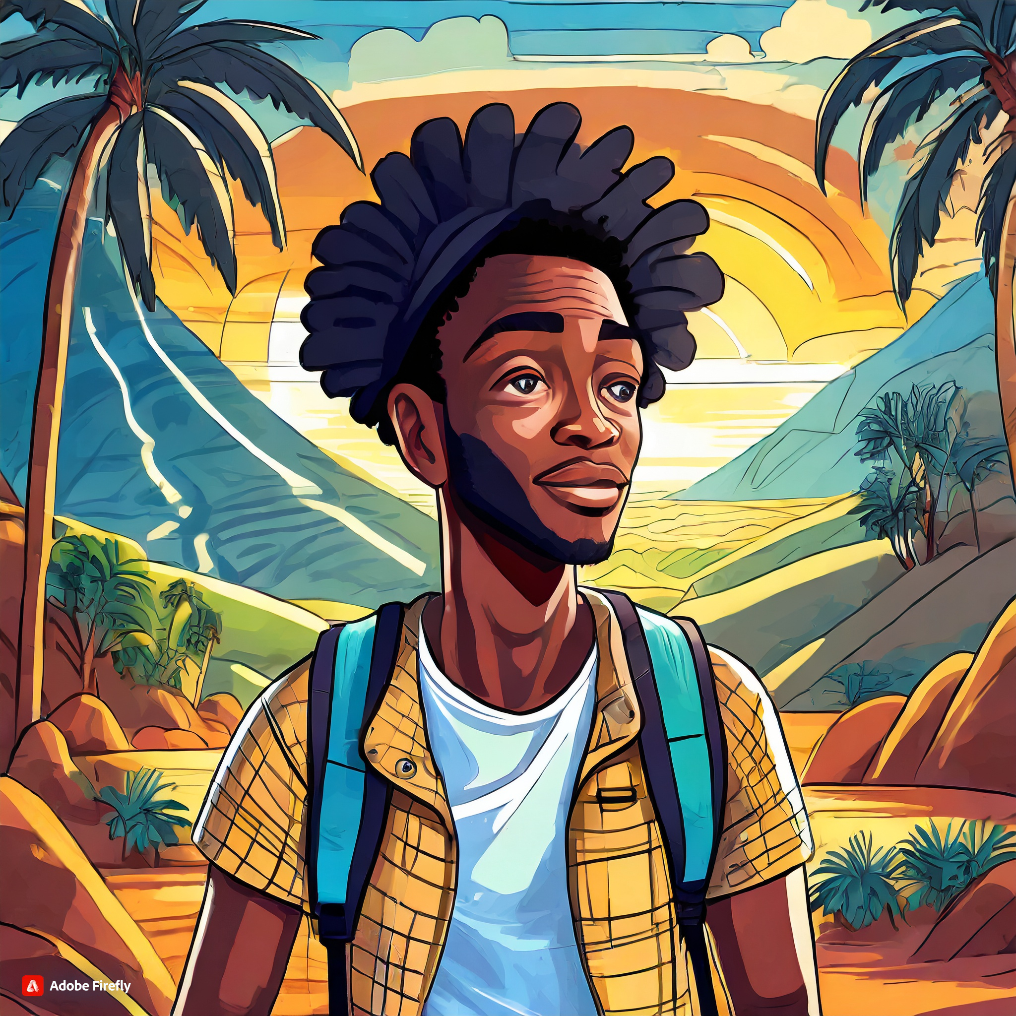 Kweku the traveller on one of his voyages exploring beautiful, Modern, futuristic Mama Africa by Adobe Firefly